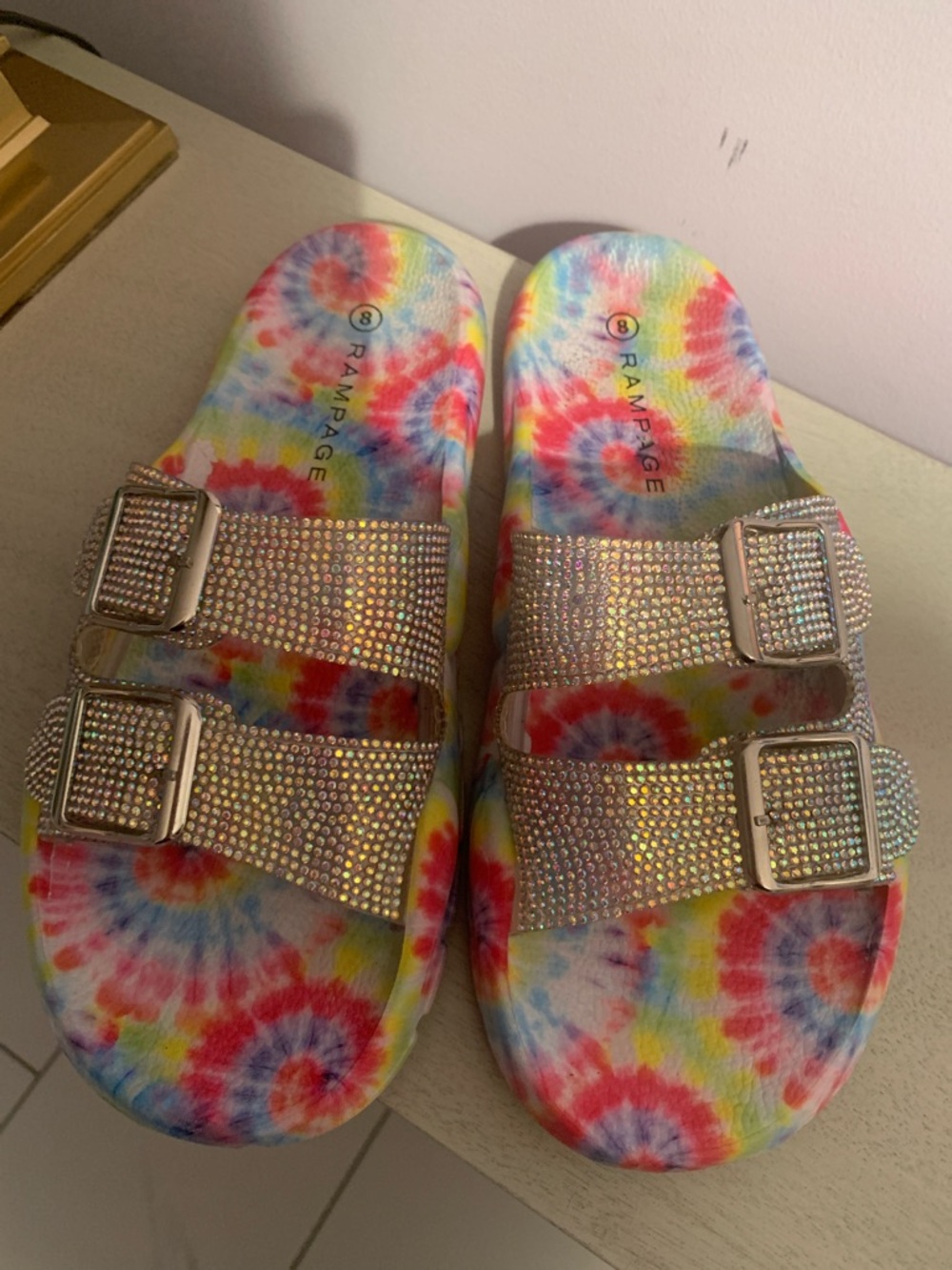 Rampage Tie-Dye Slide Sandals with Rhinestone Double Buckles